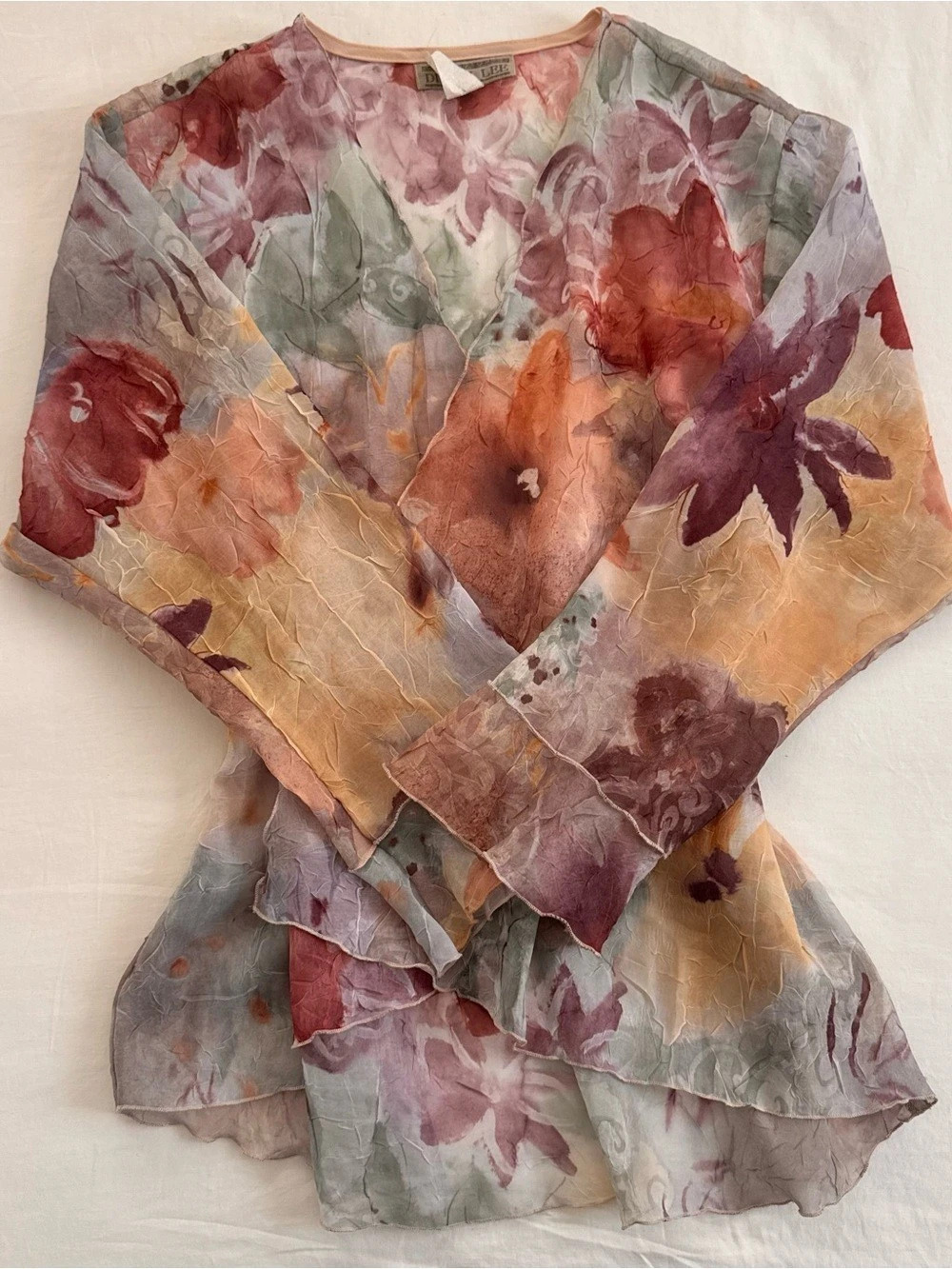 Vintage 9s Dinah Lee Floral Sheer Blouse Pink & Orange Medium